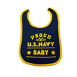 Load image into Gallery viewer, Proud U.S. Navy baby bib in navy blue with yellow trim, perfect for showing Navy pride and catching spills.