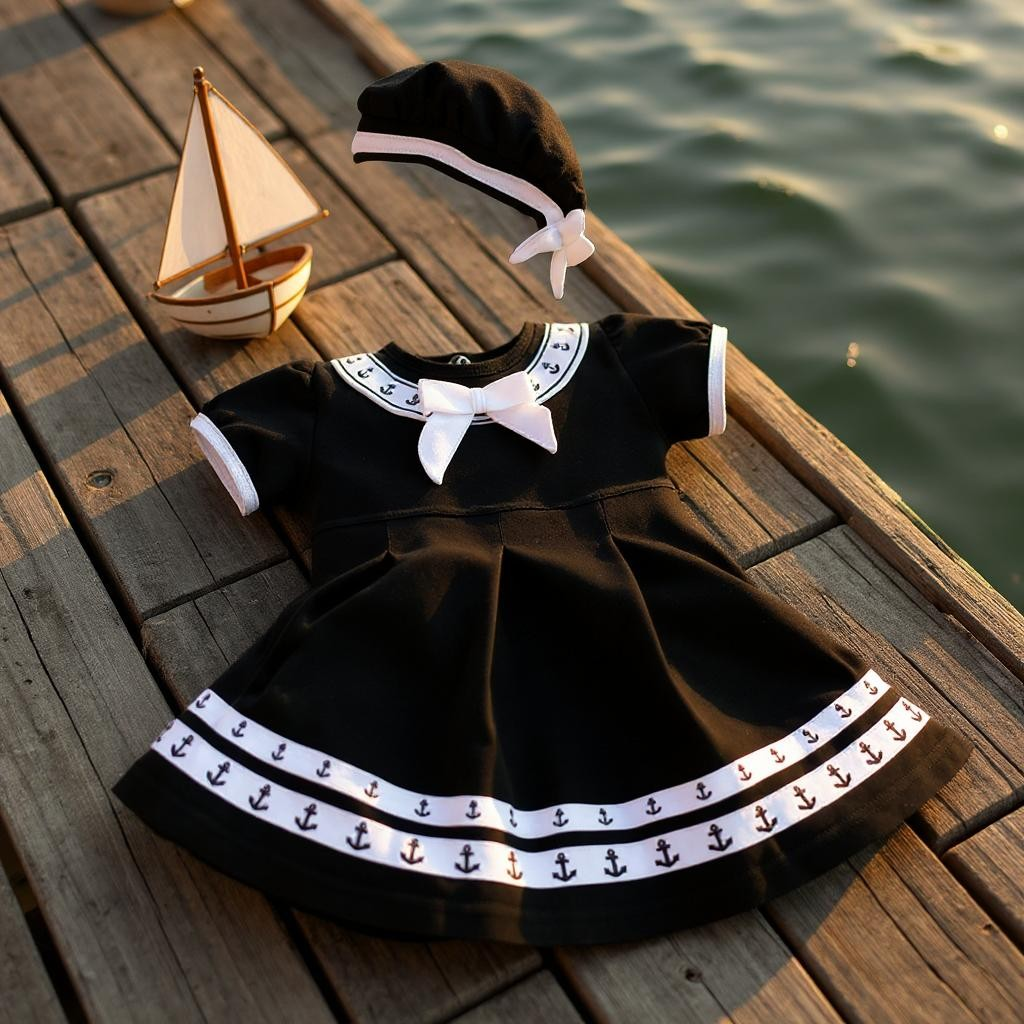 Navy Anchor Baby Dress w Beret Black