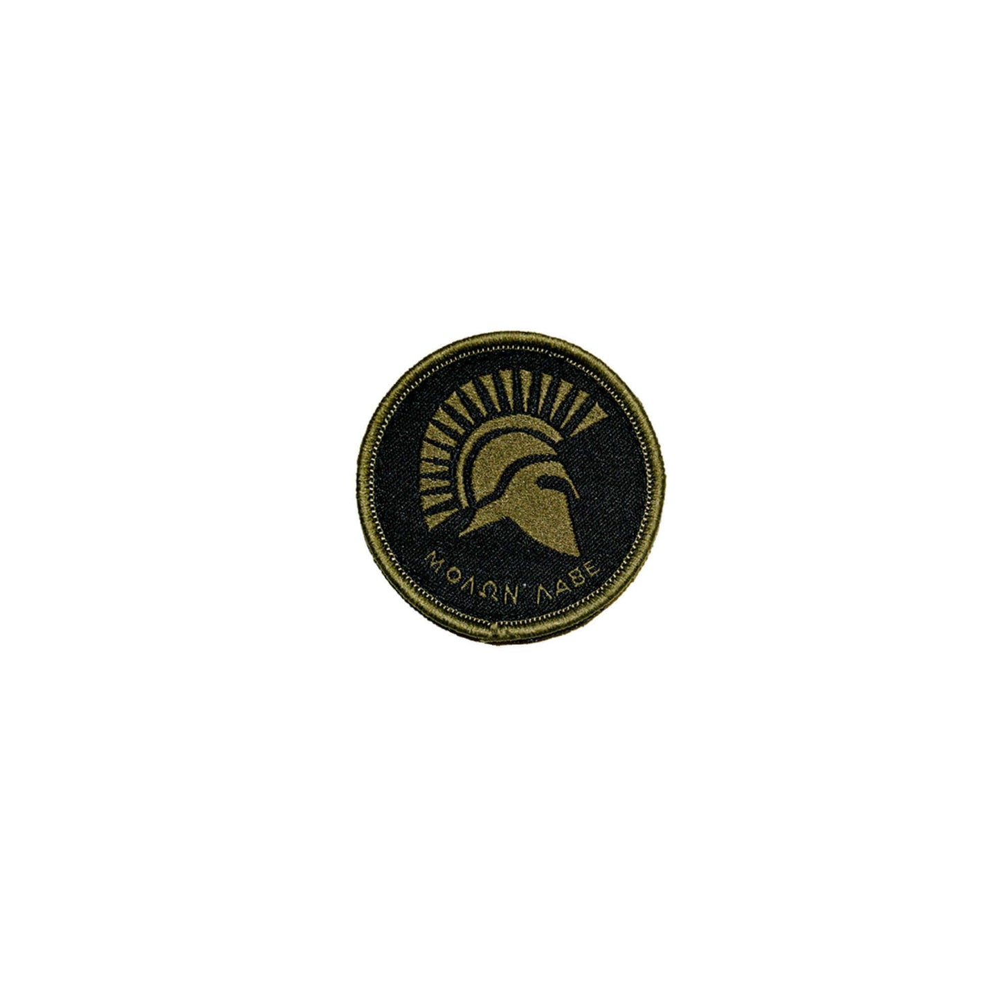 Circular embroidered patch featuring a Spartan helmet and the words Molon Labe.