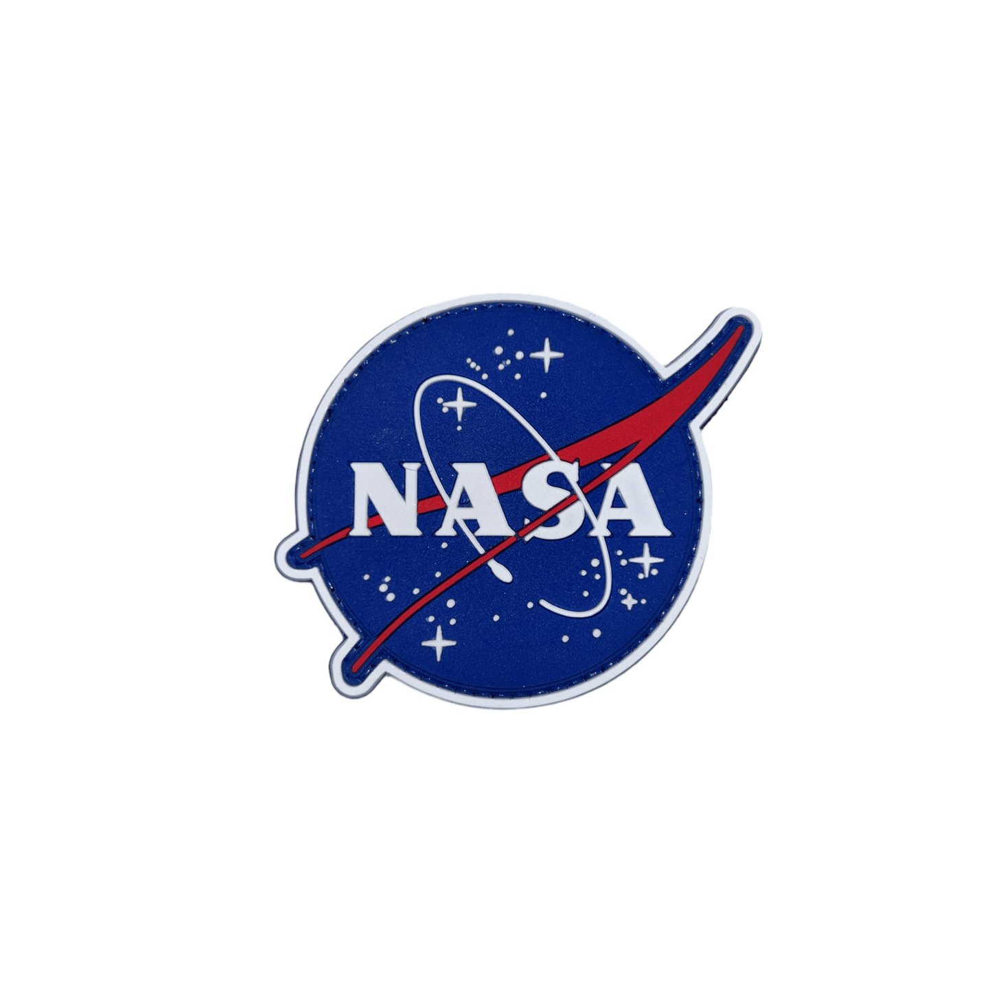 Patch NASA PVC with a blue background and white letters, perfect for backpacks or caps.