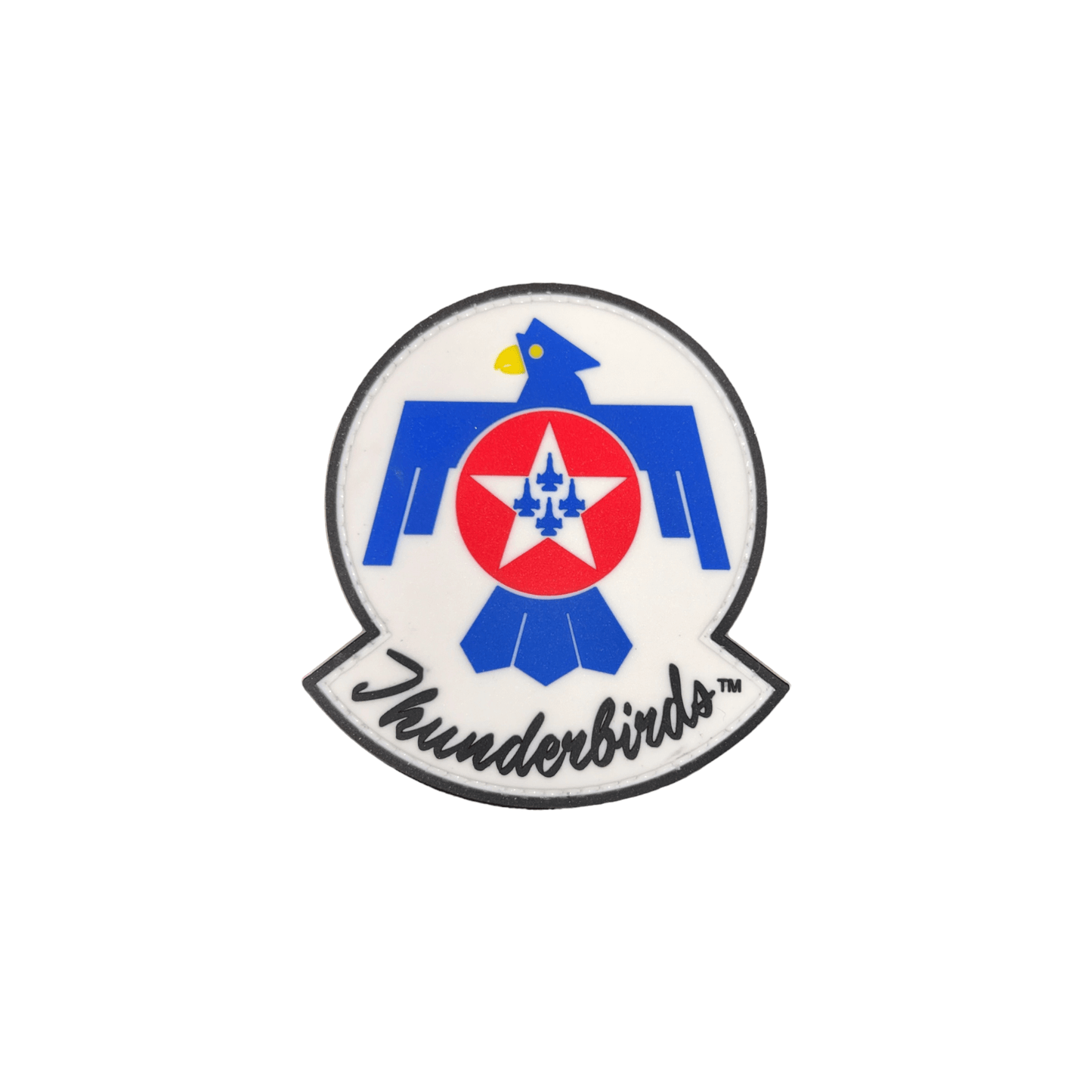 Patch featuring the Thunderbirds logo, perfect for backpacks or flight suits, displaying support for the Thunderbirds.