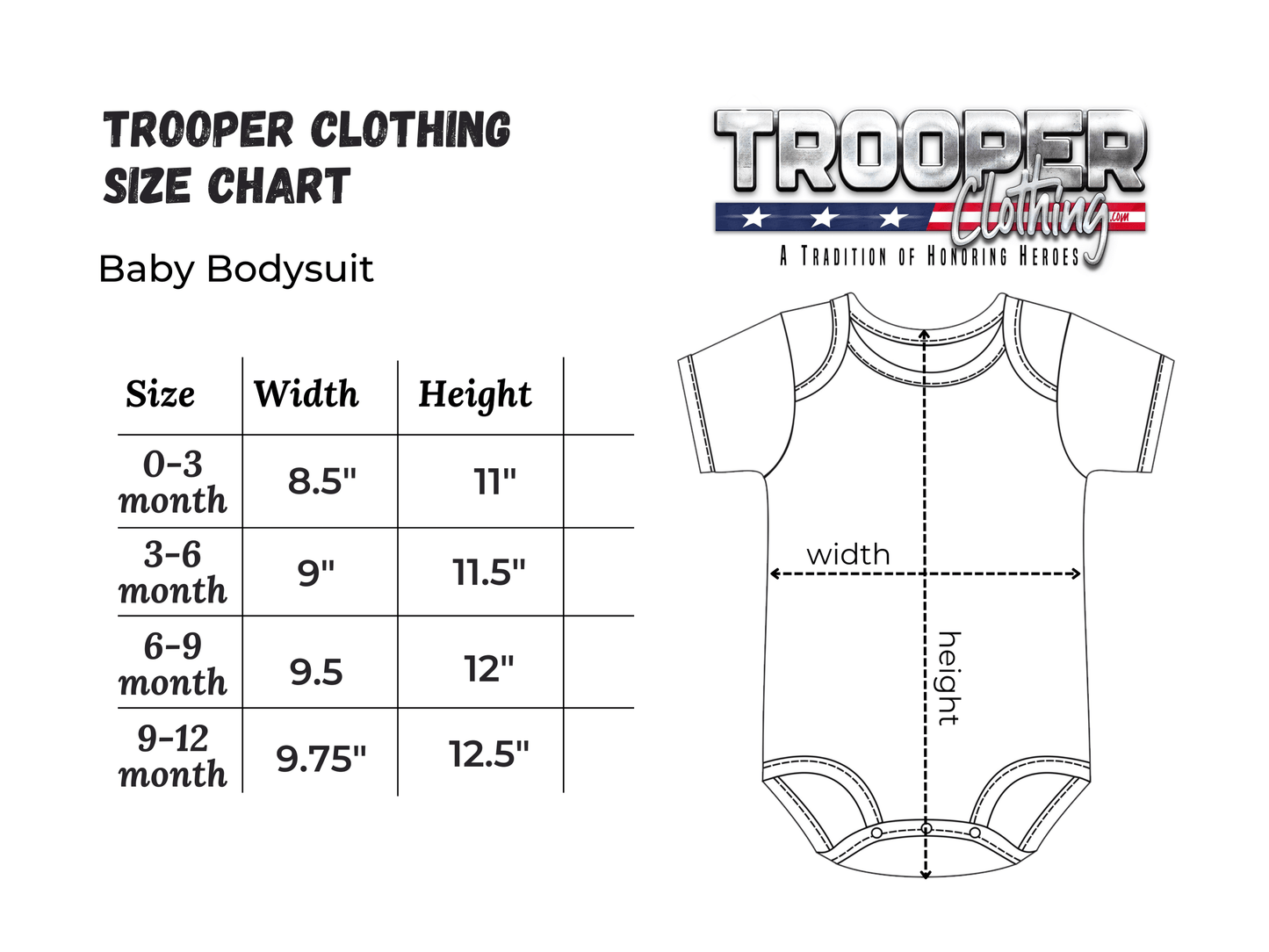 Trooper Clothing baby bodysuit size chart for infants with width and height measurements.