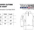 Load image into Gallery viewer, Trooper Clothing size chart for Overwatch Combat Shirt, showcasing dimensions for Medium, Large, and XL sizes.
