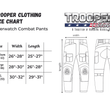Load image into Gallery viewer, Trooper Clothing size chart for Overwatch Combat Pants, detailing sizes Medium, Large, and XL with width and length measurements.