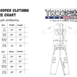 Load image into Gallery viewer, Trooper Clothing youth uniform size chart displaying dimensions for tops and pants in XS to large sizes.