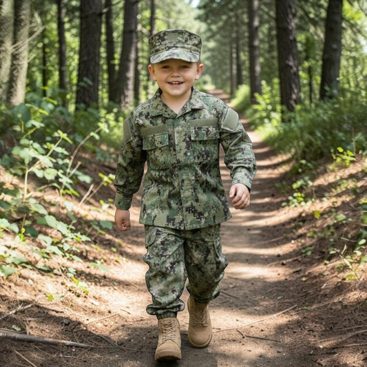 Trooper Clothing youth navy NWU III 3pc set with digital camouflage pattern, including a cap, 2-pocket top, and 6-pocket pants made of ripstop material.