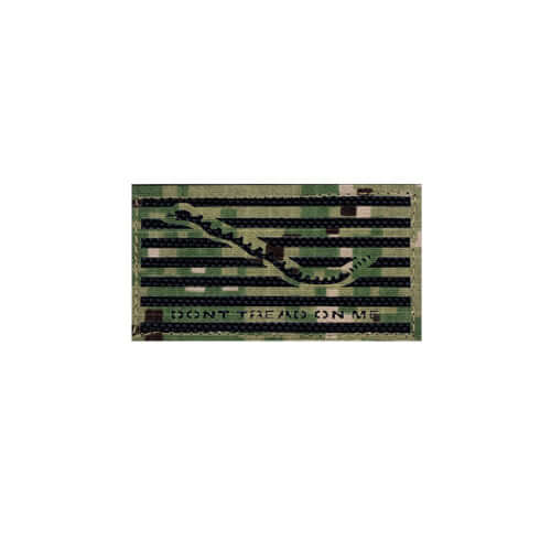 Don't Tread on Me patch with a snake design on a camo background.