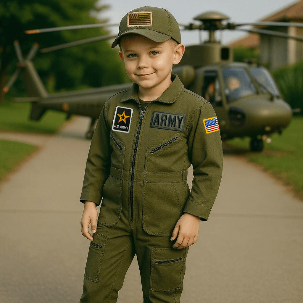 Young boy in an Army flight suit and cap smiling outdoors near a helicopter.