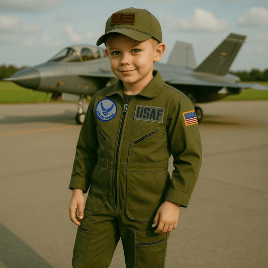 Youth Air Force Flight Suit Combo worn by a child in front of a fighter jet, showcasing USAF patches and cap.