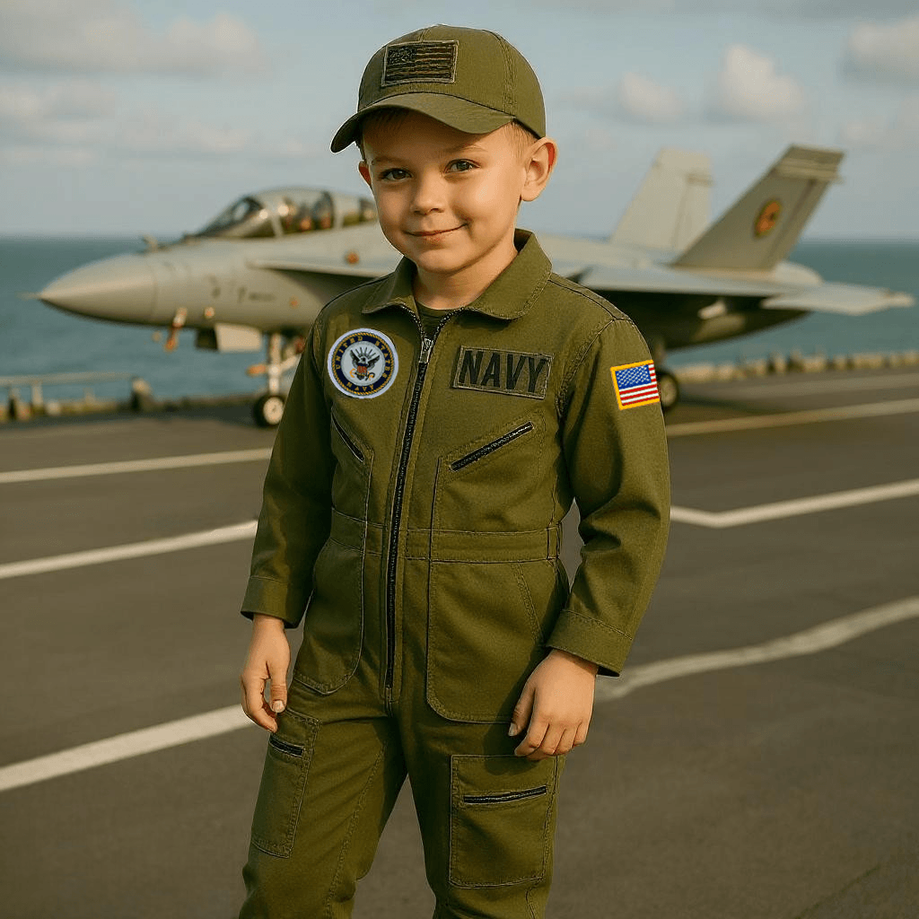 Youth in a Navy flight suit with embroidered patches, standing on a runway next to a fighter jet.