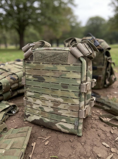 Multicam Youth Slick Plate Carrier shown in outdoor setting with laser-cut Molle grid and adjustable straps.