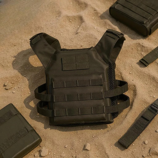 Micro Mini Youth Plate Carrier Black laid on sand with adjustable straps and pockets for gear.