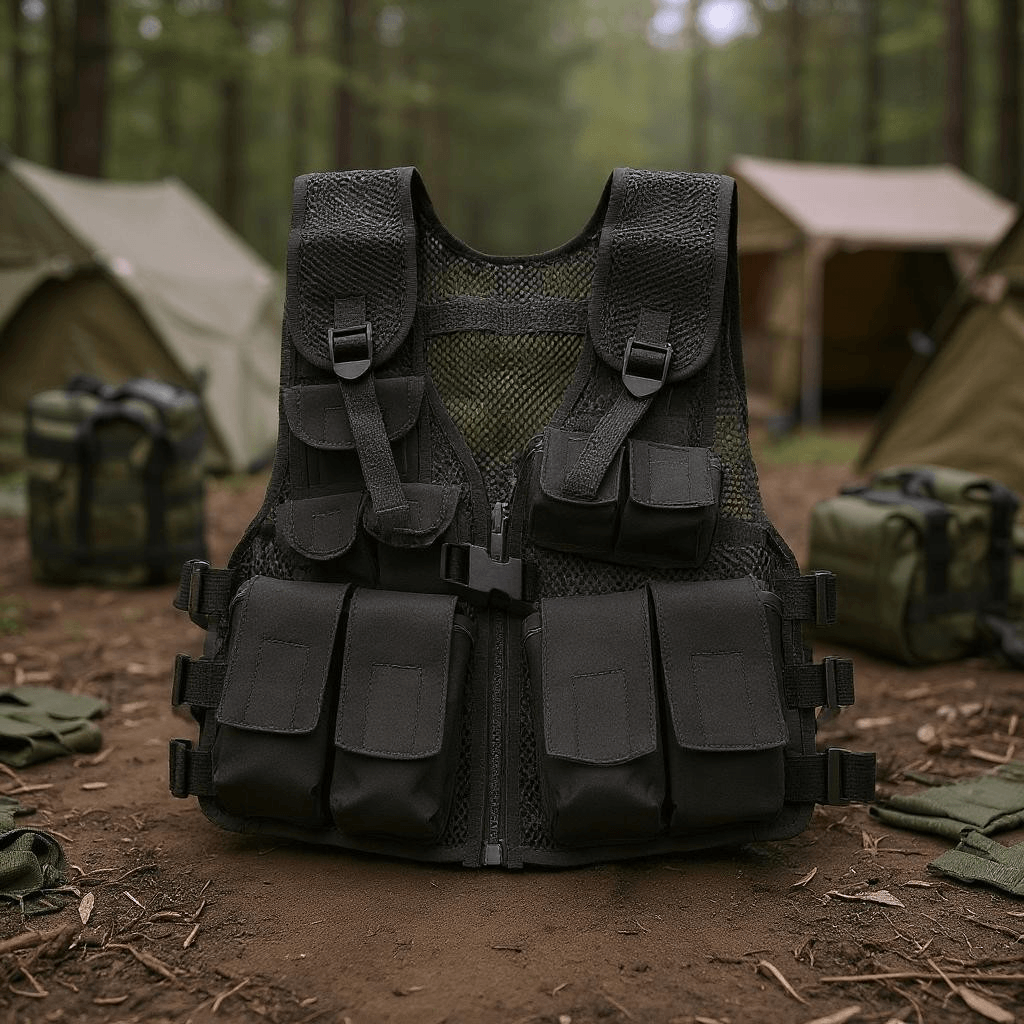 Youth Tactical Vest Black with mesh body and multiple pockets for gear organization
