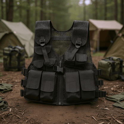 Youth Tactical Vest Black with mesh body and multiple pockets for gear organization