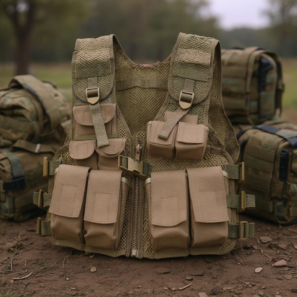 Youth Tactical Vest Coyote with multiple pockets and adjustable straps for tactical gear use.