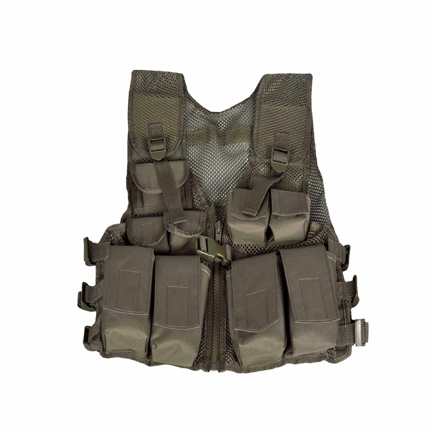 Youth Tactical Vest OD Green with nine pockets, adjustable straps, and mesh body for cool comfort.