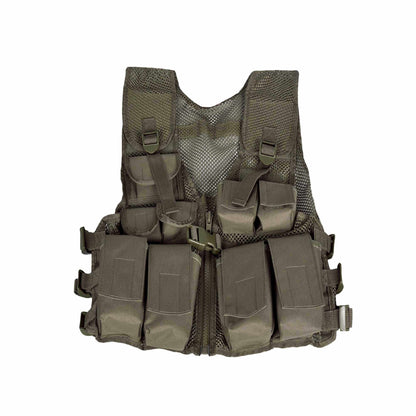 Youth Tactical Vest OD Green with nine pockets, adjustable straps, and mesh body for cool comfort.