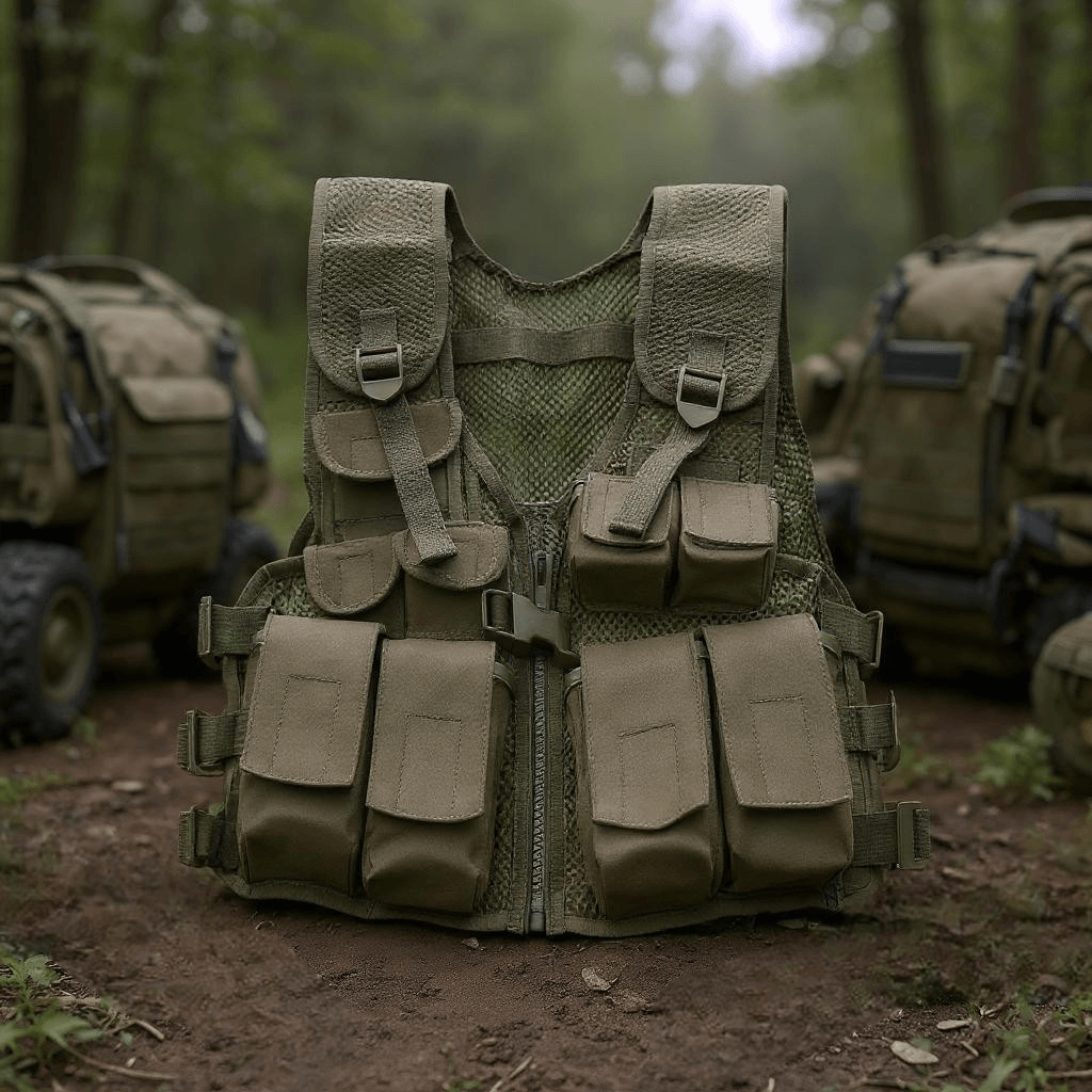 Youth Tactical Vest OD Green with multiple pockets for loadout gear in a forest setting.