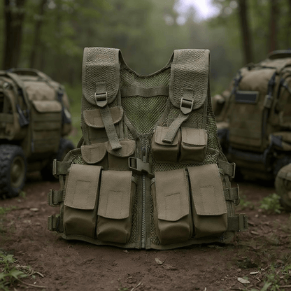 Youth Tactical Vest OD Green with multiple pockets for loadout gear in a forest setting.