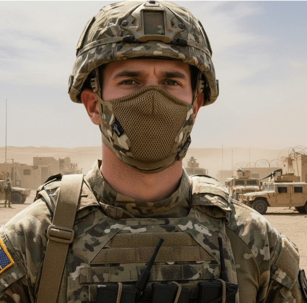 Mask Teen/Adult Multicam Tactical Style Face worn by a soldier in a desert setting with military vehicles in the background.