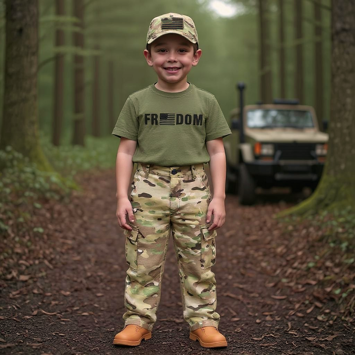 Child in camouflage pants and cap with 'FREedom' shirt in a forest setting