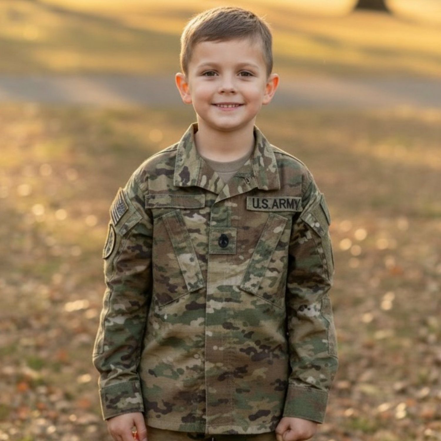 Child wearing a U.S. Army camouflage uniform standing outdoors.