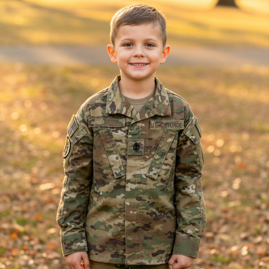 Child wearing a U.S. Air Force camouflage uniform standing outdoors with a blurred natural background