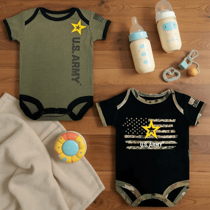 Army 2pk bodysuits by Trooper Clothing showing OD Green and black designs with Army logos.