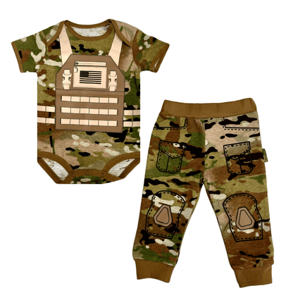 Multicam Tactical Baby Combat Uniform set featuring flak jacket onesie and tactical pants with pockets.