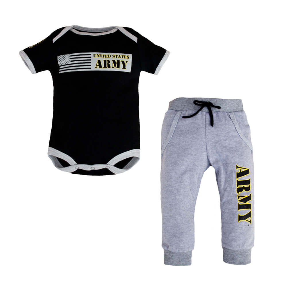 Army jogger set featuring a black bodysuit with Army logo and gray pants with Army print.