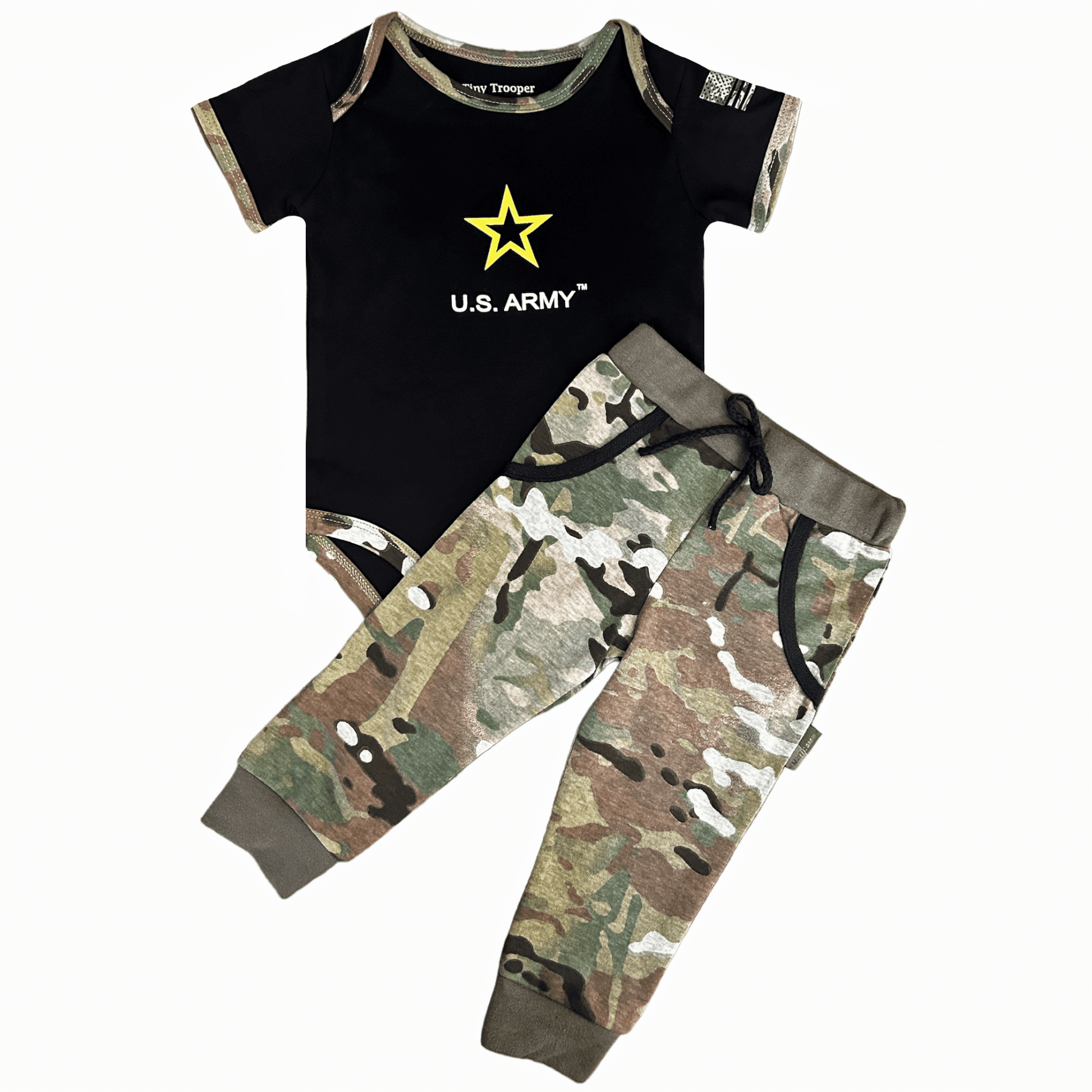 Army Multicam Jogger set featuring a bodysuit and pants with U.S. Army logo and camouflage design.