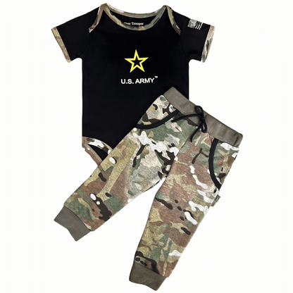 Army Multicam Jogger set featuring a bodysuit and pants with U.S. Army logo and camouflage design.