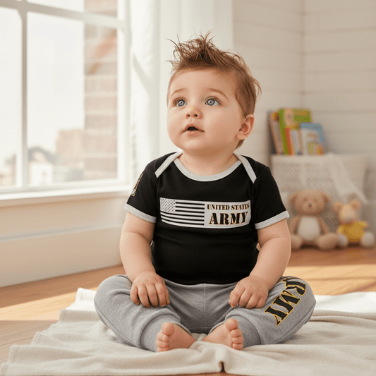 Baby wearing black Army bodysuit and gray joggers sitting on a rug in a sunny room.