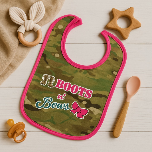 Multicam Boots and Bows Baby Bib