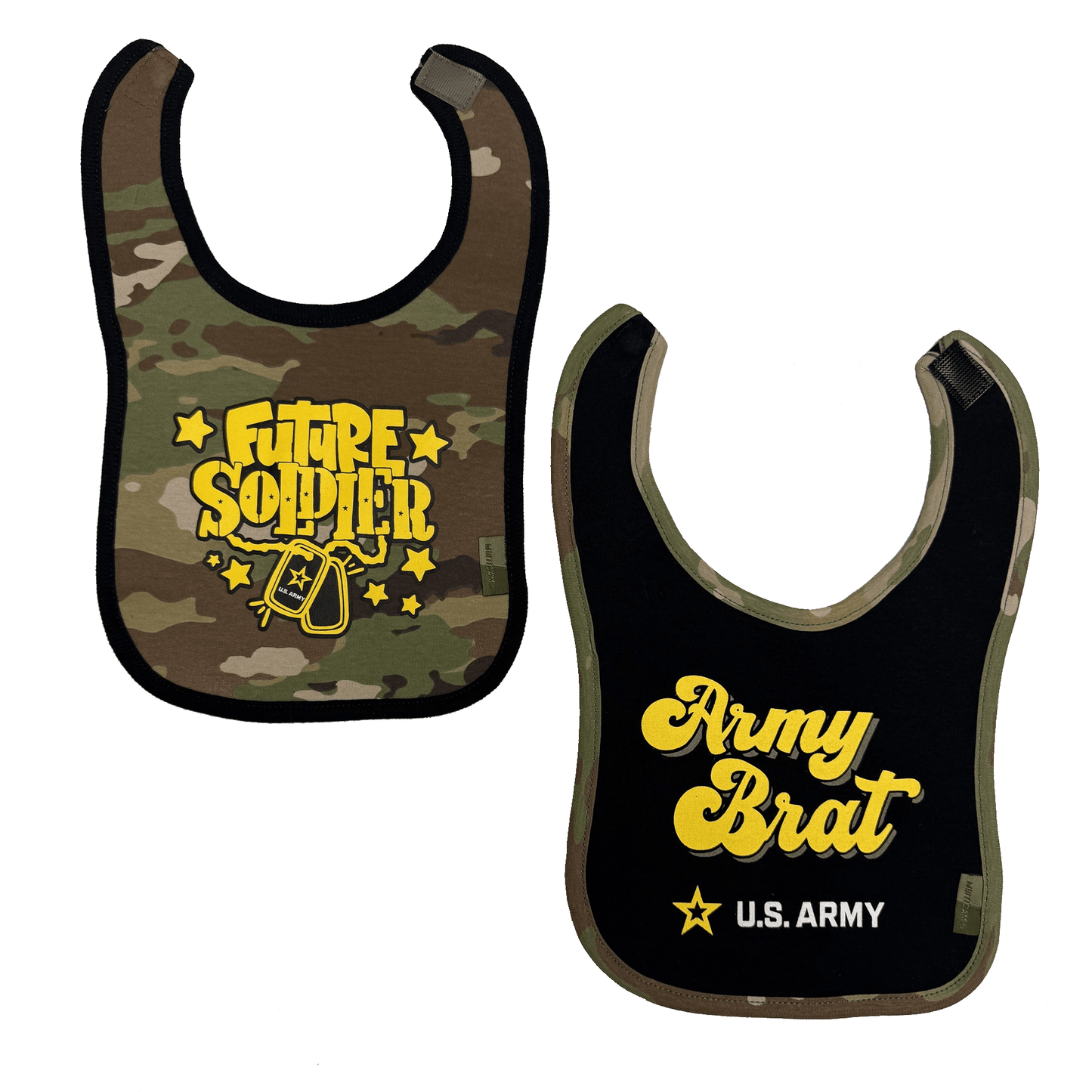 Army 2pk baby bibs featuring 'Future Soldier' logo and 'Army Brat' text, made from soft brushed cotton.