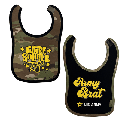 Army 2pk baby bibs featuring 'Future Soldier' logo and 'Army Brat' text, made from soft brushed cotton.