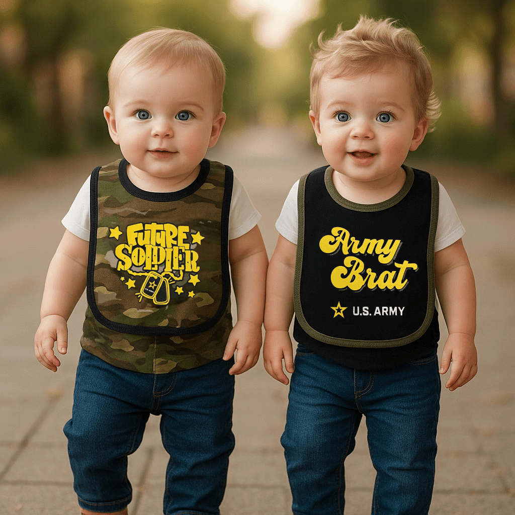 Two adorable army-themed baby bibs on a white background, soft and waterproof, perfect for mealtime protection.