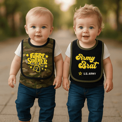 Two adorable army-themed baby bibs on a white background, soft and waterproof, perfect for mealtime protection.