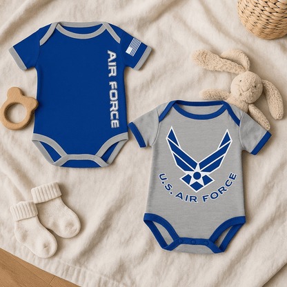 Baby bodysuits pack, two soft Air Force themed onesies, casual baby clothing set, SKU 3300, adorable infant outfit.