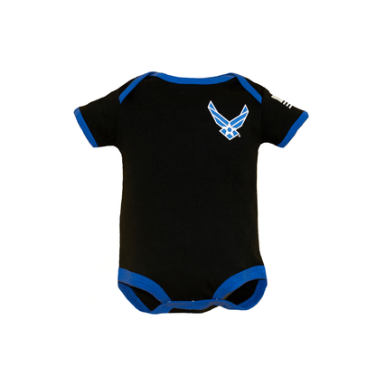 Air Force bodysuit for babies with blue trim and US Air Force logo on the back.