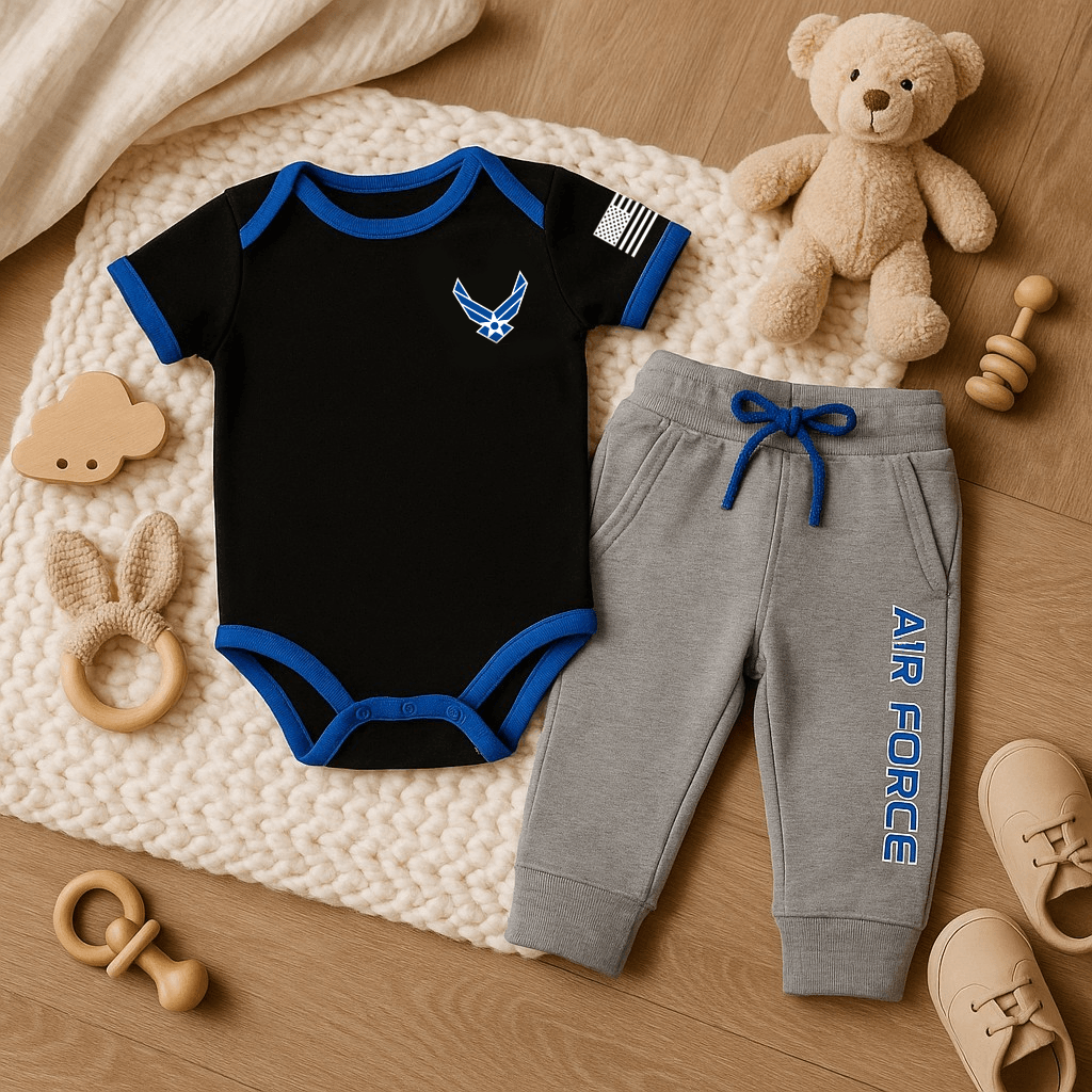 Baby jogger set, 2-piece Air Force themed outfit for infants, casual sporty clothing ensemble.