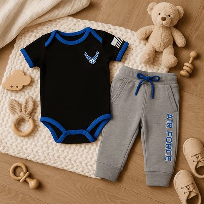 Baby jogger set, 2-piece Air Force themed outfit for infants, casual sporty clothing ensemble.