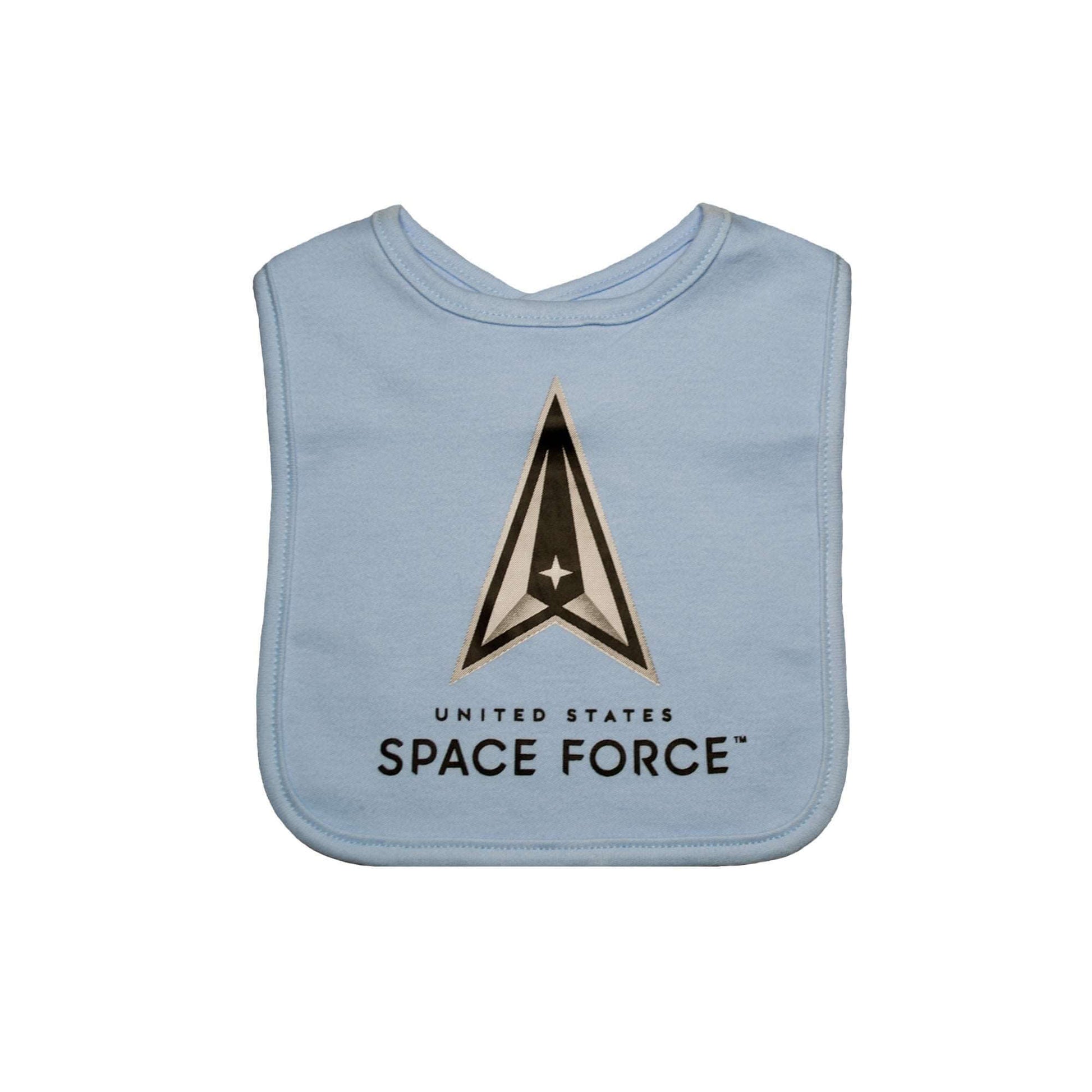 Space Force boys baby bib by Trooper Clothing in baby blue with logo print.