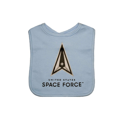 Space Force boys baby bib by Trooper Clothing in baby blue with logo print.