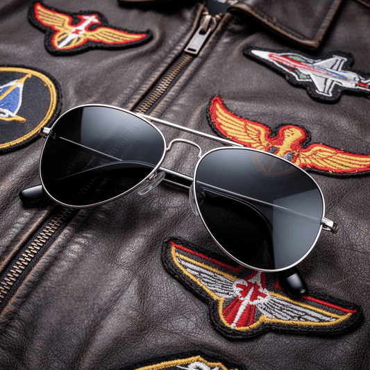 Youth aviator glasses resting on a leather jacket with colorful aviation patches.