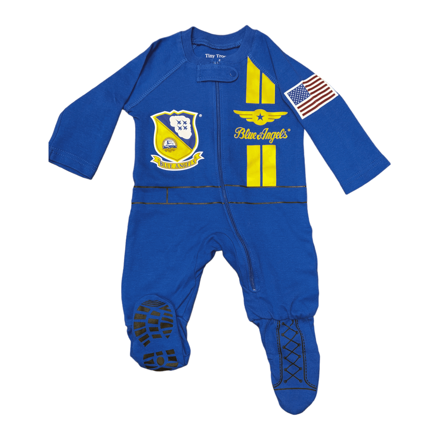 Blue Angels flight suit baby crawler with patches and American flag design, perfect for little aviation fans.