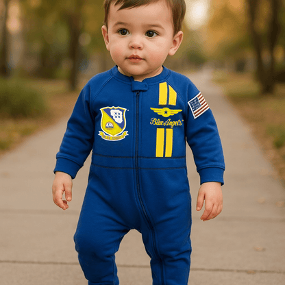 Baby wearing a Blue Angels flight suit with patches and American flag, perfect for little aviation fans.