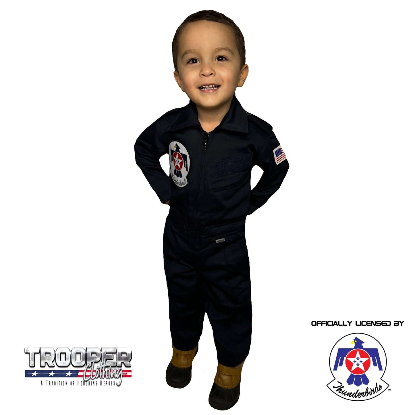 Licensed Youth Air Force Thunderbirds Flight Suit displayed on a smiling child wearing a patch and American Flag.