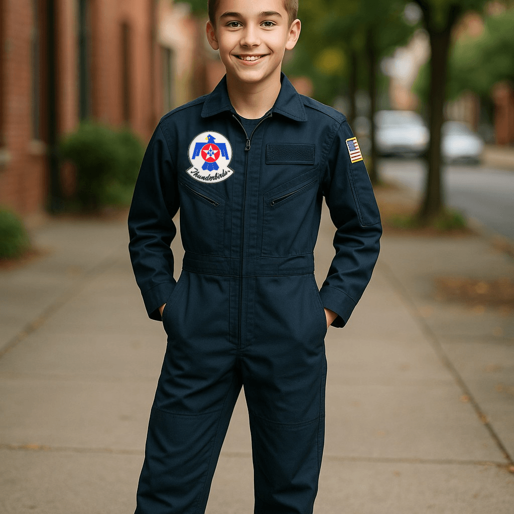 Licensed Youth Air Force Thunderbirds Flight Suit modeled by a boy outdoors, featuring Thunderbirds patch and American Flag.