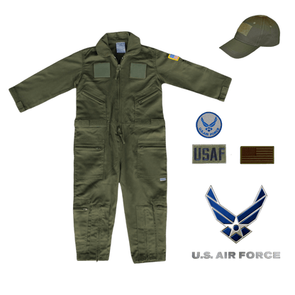 Youth Air Force flight suit combo in OD green, featuring patches and a matching cap for aspiring pilots.